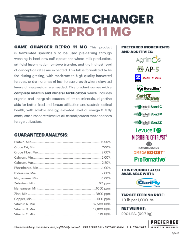 PREFERRED LIVESTOCK GAME CHANGER REPRO 11MG WITH CLARIFLY 200#