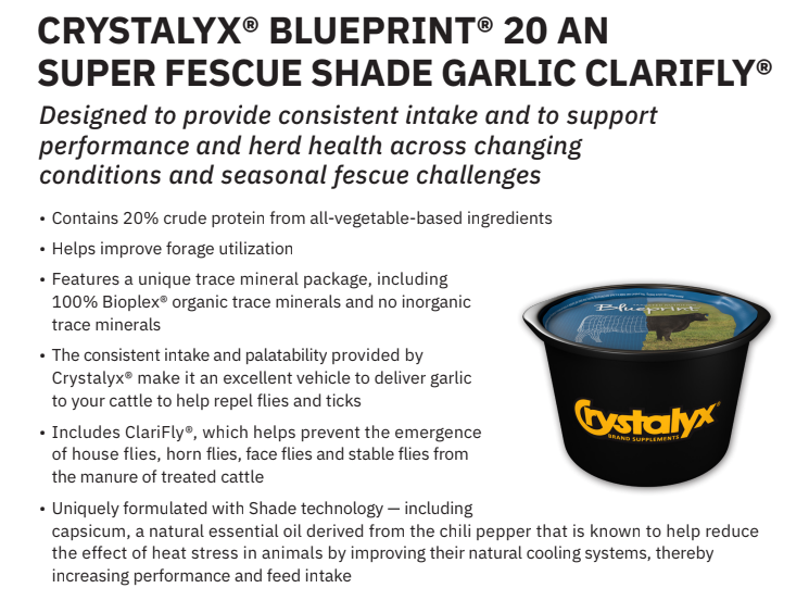 CRYSTALYX BLUEPRINT 20 AN SUPER FESCUE SHADE WITH GARLIC AND CLARIFLY 200#