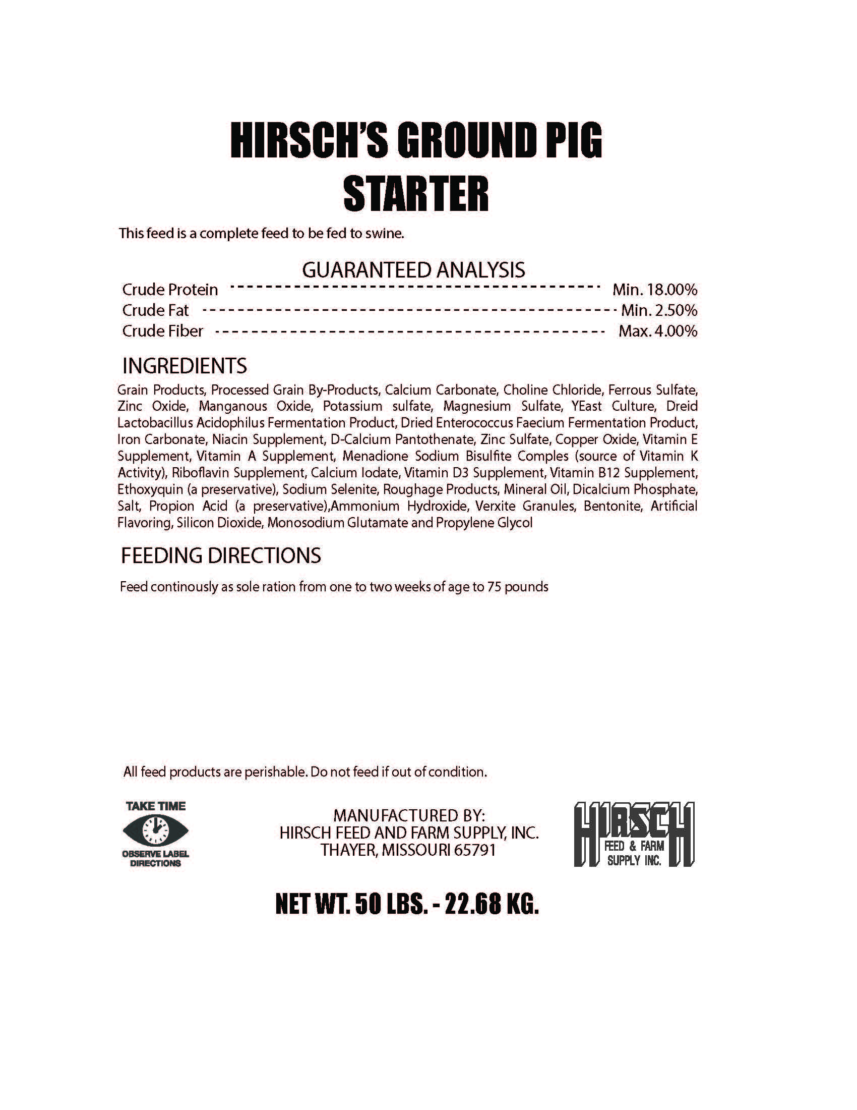 HIRSCH\'S GROUND PIG STARTER - 50#