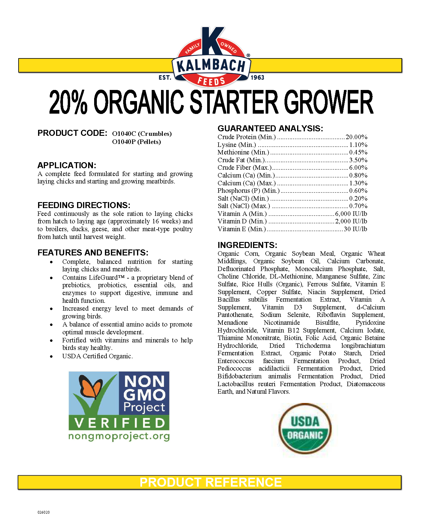 KALMBACH ORGANIC 20% STARTER GROWER CRUMBLES - 35#