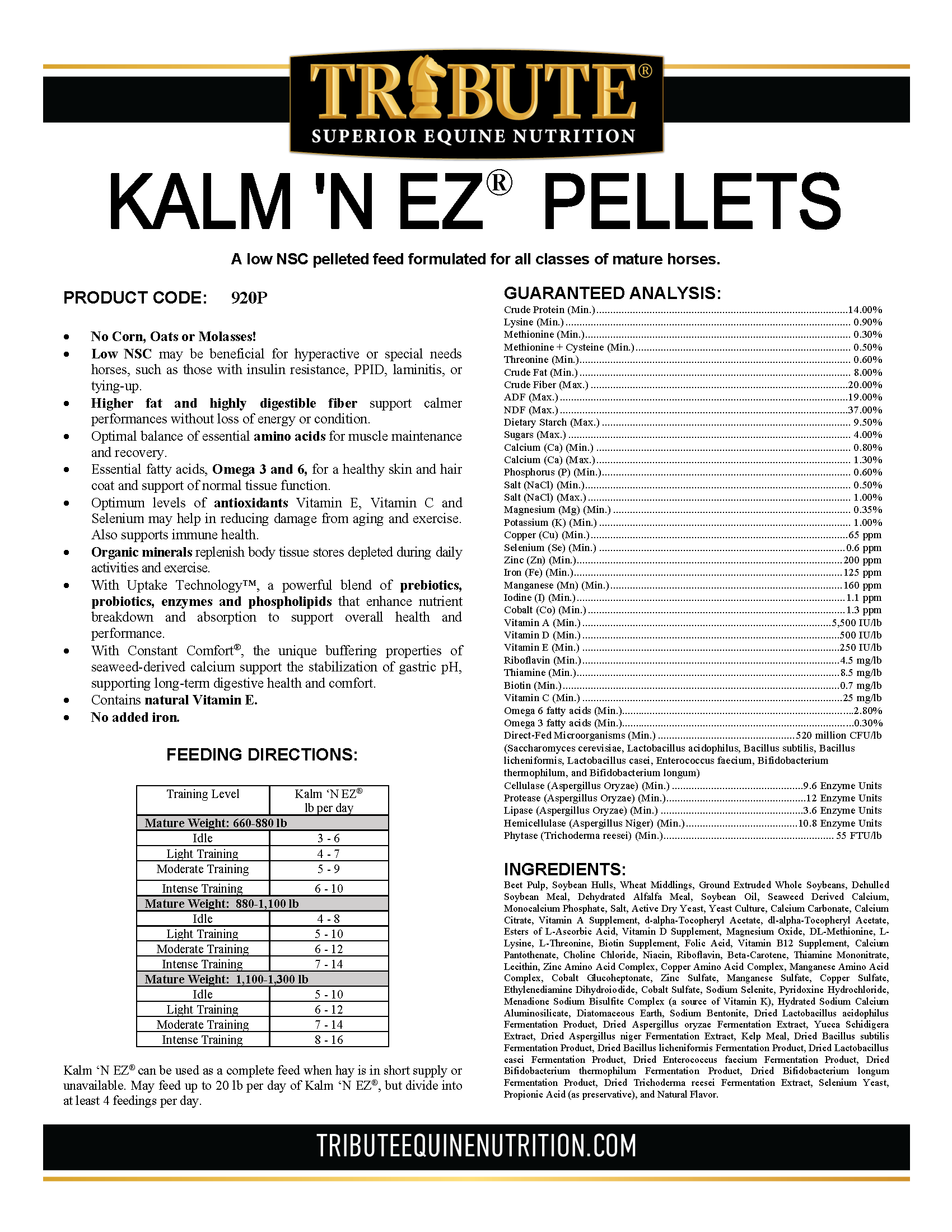TRIBUTE KALM \'N EZ PELLETS - 50#