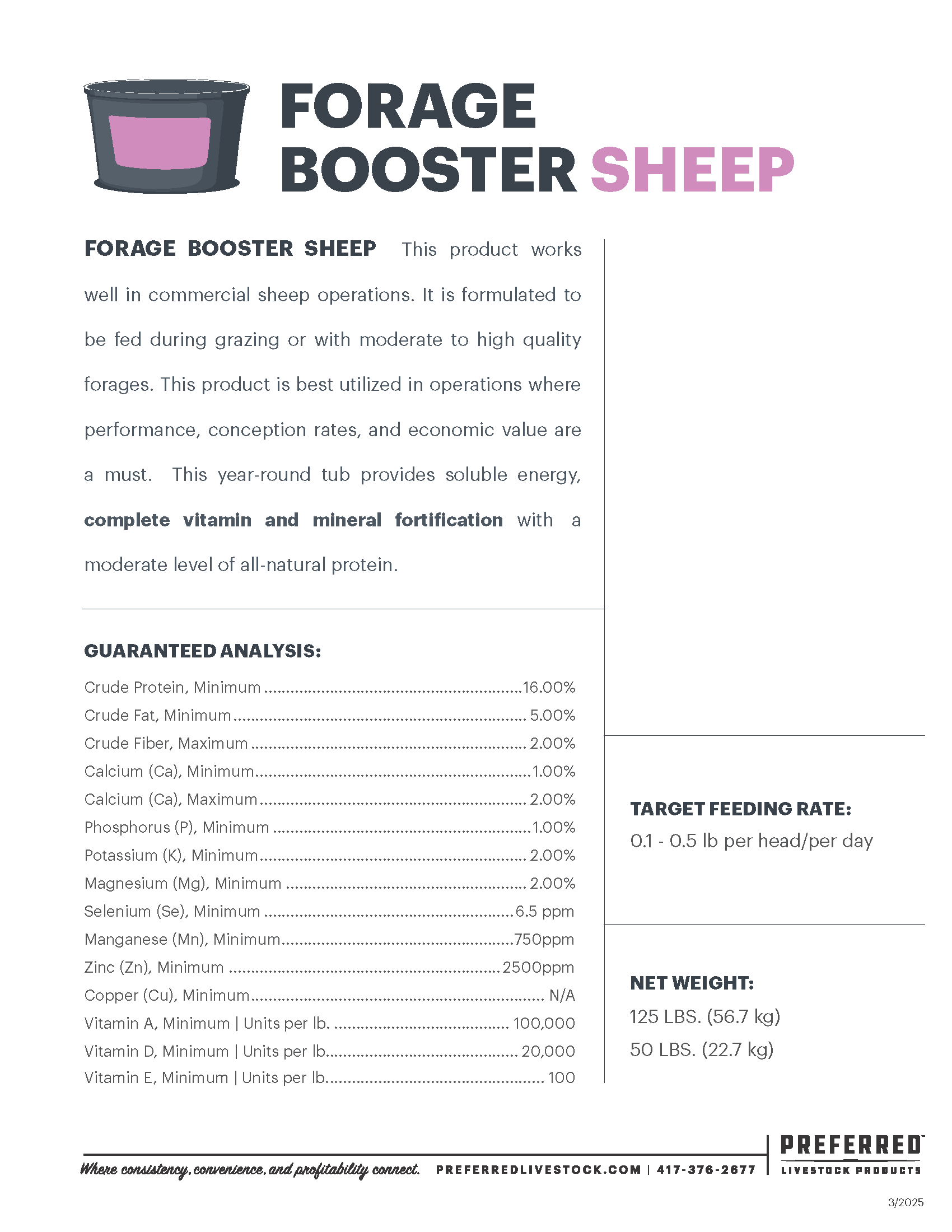 PREFERRED LIVESTOCK FORAGE BOOSTER SHEEP TUB 125#